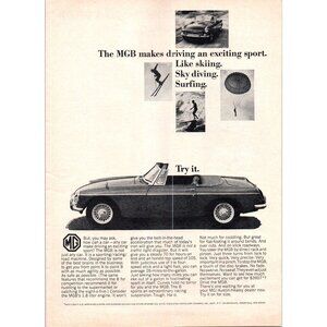 1966 MG MGB Convertible Vintage Print Ad Sky Diving Surfing Skiing 60s Wall Art